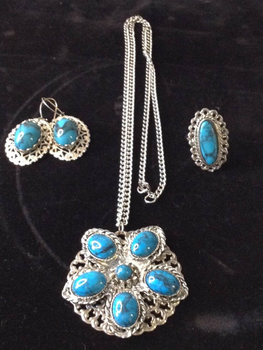 VTG 90's Embosses Filigree Silver tone Turquoise Set Indian Inspired Old West
